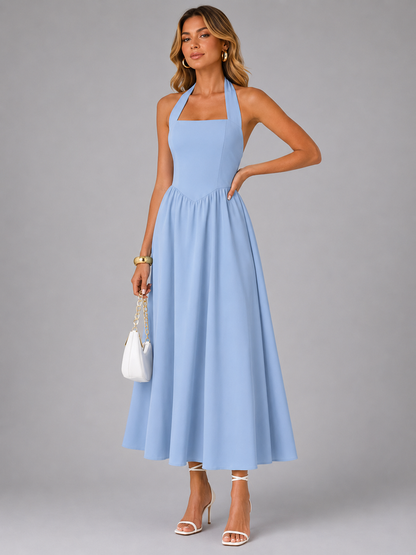 Célestine — Robe midi à col licou et jupe évasée, coloris Bleu ciel