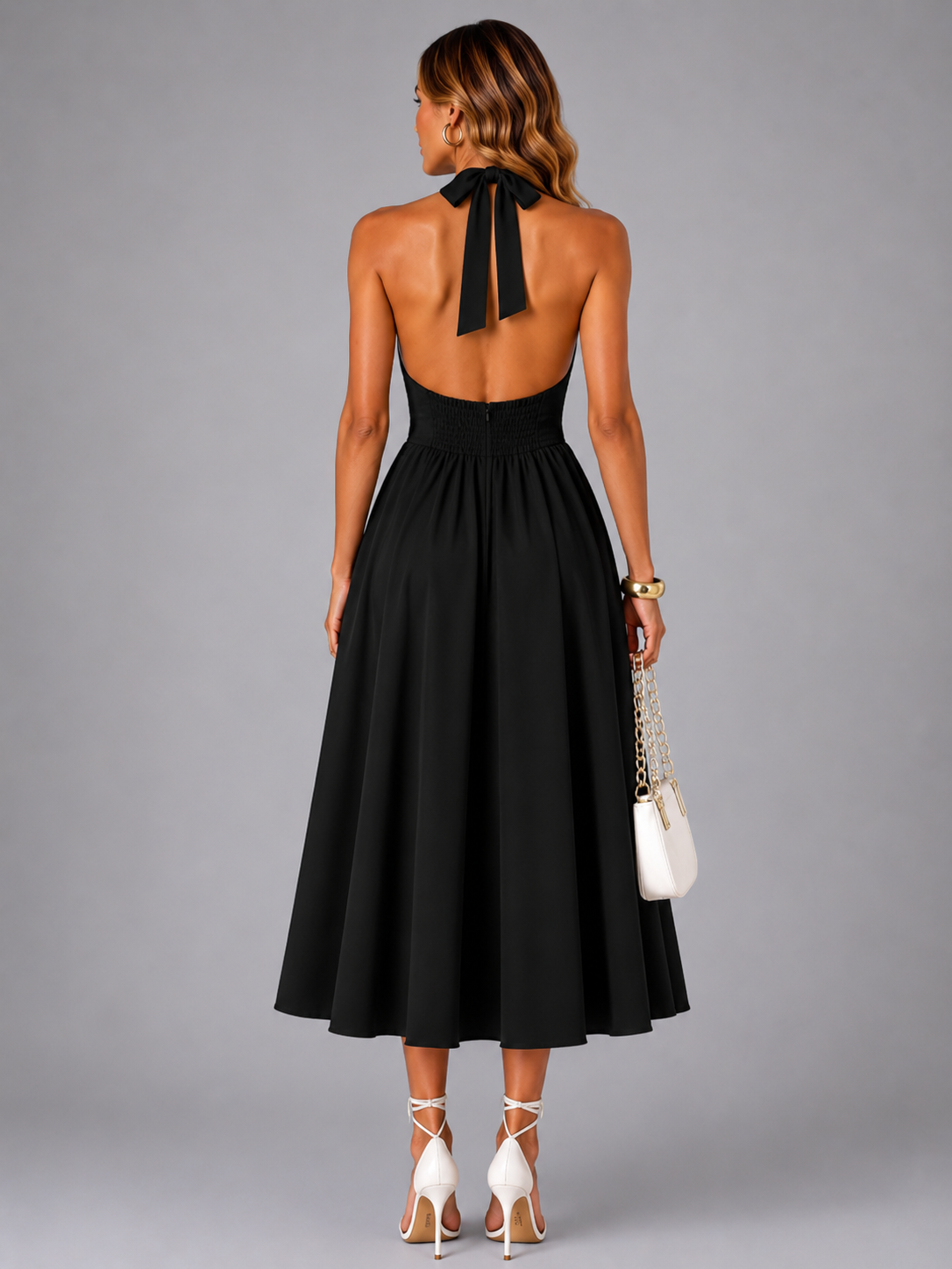 Célestine — Robe midi à col licou et jupe évasée