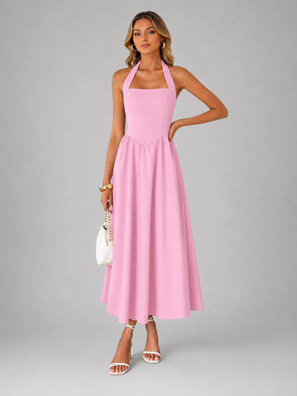 Célestine — Robe midi à col licou et jupe évasée, coloris Rose