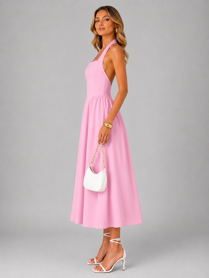 Célestine — Robe midi à col licou et jupe évasée