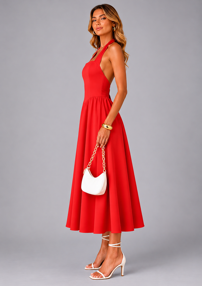 Célestine — Robe midi à col licou et jupe évasée
