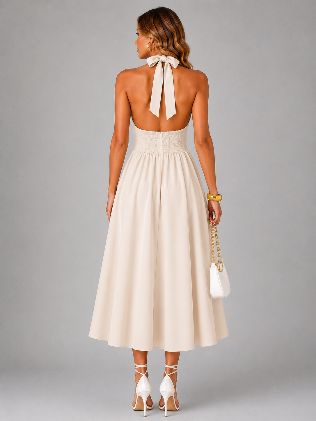 Célestine — Robe midi à col licou et jupe évasée