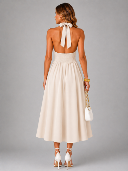 Célestine — Robe midi à col licou et jupe évasée