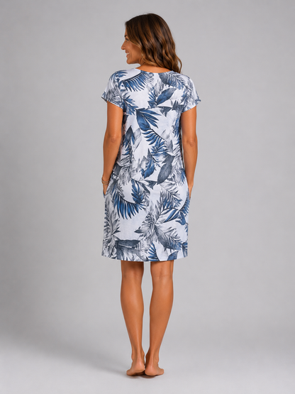 Constance — Robe courte à encolure ronde et imprimé botanique