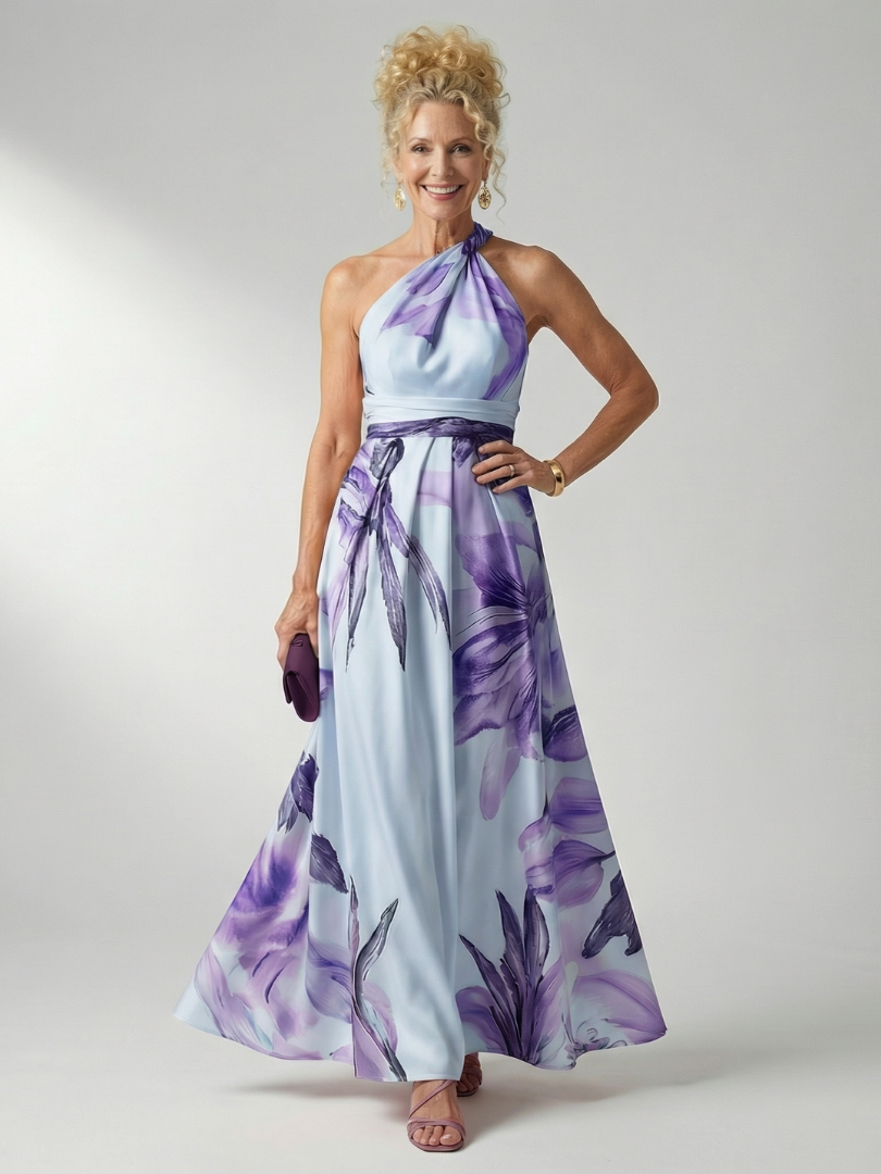 Rachel — Robe longue asymétrique à grandes fleurs, coloris Bleu ciel et violet