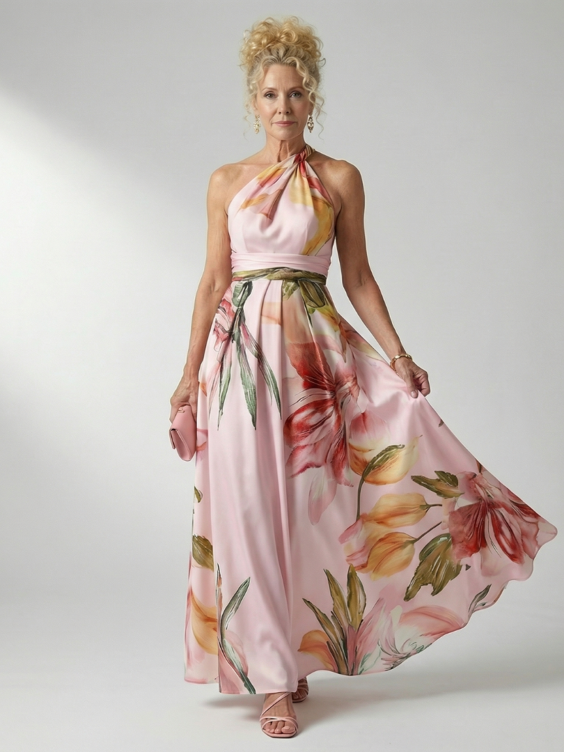 Rachel — Robe longue asymétrique à grandes fleurs, coloris Rose fleuri