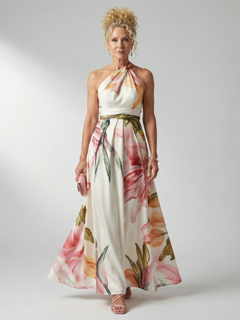 Rachel — Robe longue asymétrique à grandes fleurs, coloris Ivoire fleuri