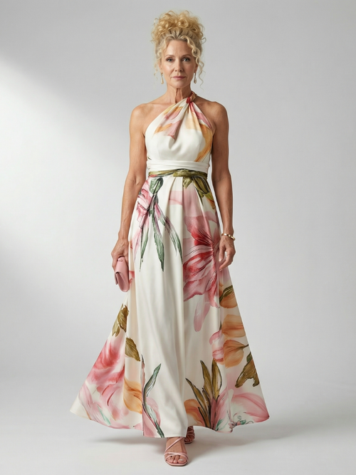 Rachel — Robe longue asymétrique à grandes fleurs, coloris Ivoire fleuri