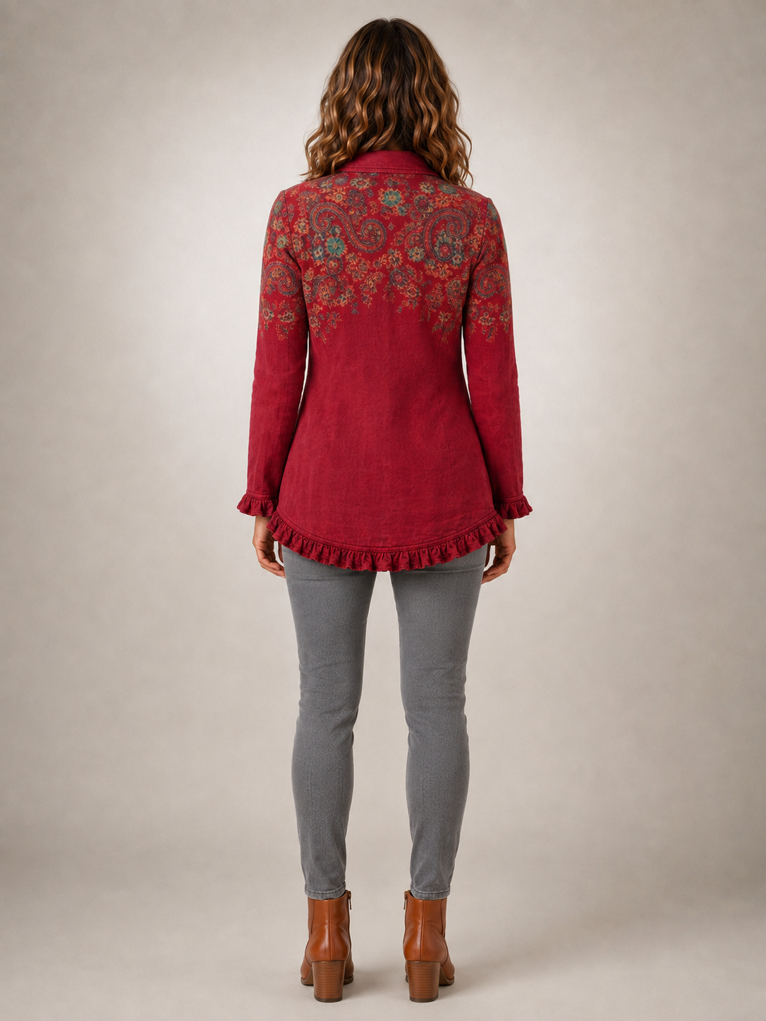 Fayrene | Kurtka boho z falbankami w czerwony wzór paisley