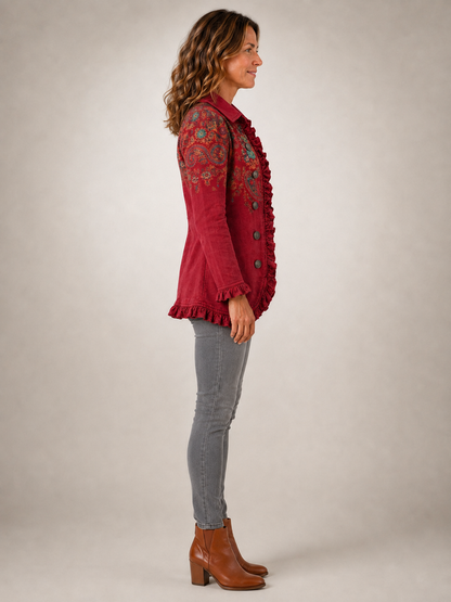 Fayrene | Kurtka boho z falbankami w czerwony wzór paisley