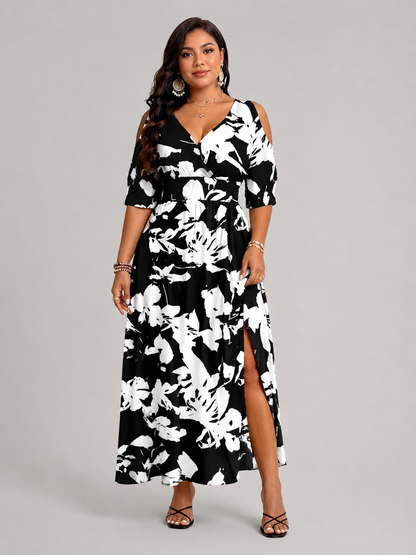 Bérangère — Robe longue à épaules dénudées, coloris Fleurs noir et blanc