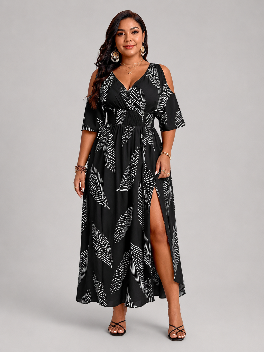 Bérangère — Robe longue à épaules dénudées, coloris Noir à feuillage blanc