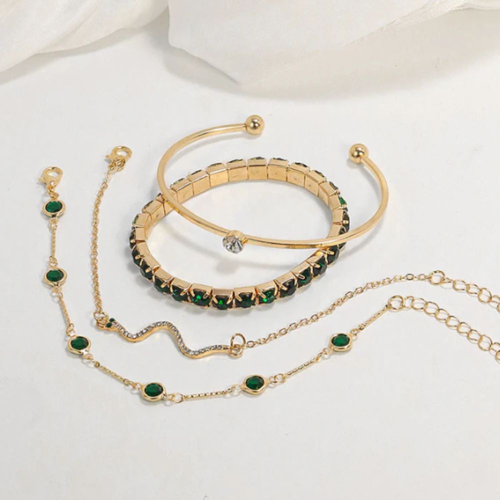 Quatuor Vert | Ensemble de bracelets dorés avec pierres vertes – Vue 02
