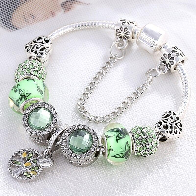 Charme Vert | Bracelet à breloques argenté avec perles vertes – Vue 02