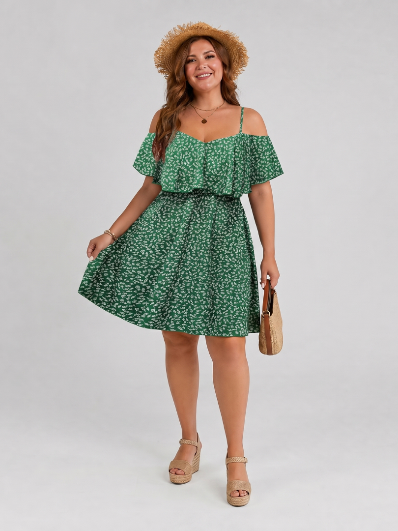 Henriette — Robe courte épaules dénudées à volant, coloris Vert fleuri