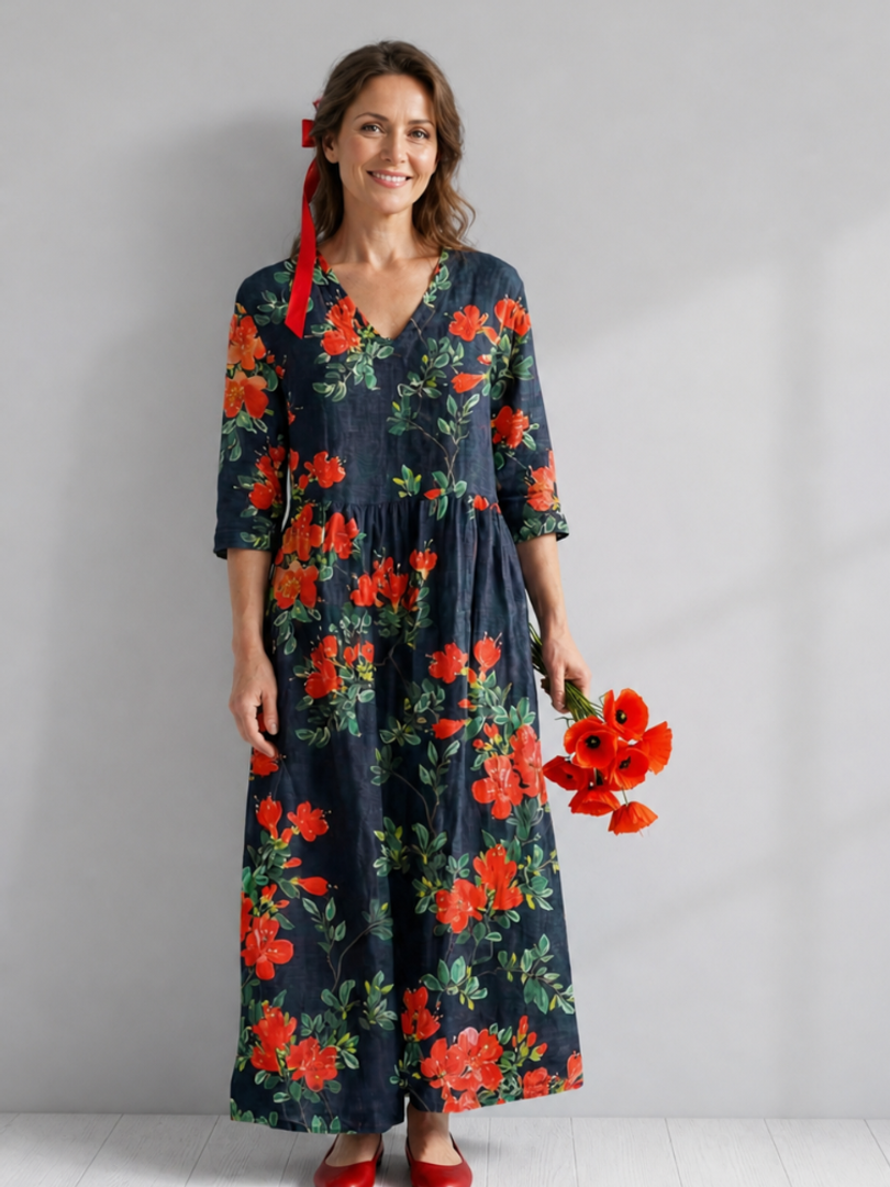 Hildegarde — Robe longue fleurie à taille froncée, coloris Bleu nuit fleuri