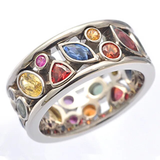 Vitrail Coloré | Bague large argentée avec pierres colorées – Vue 01