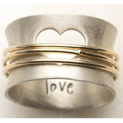Anneau Cœur | Bague tournante large argentée avec découpe en cœur – Vue 02