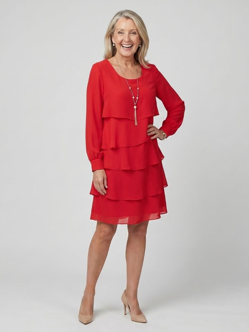 Barbara — Robe à volants et manches longues, coloris Rouge