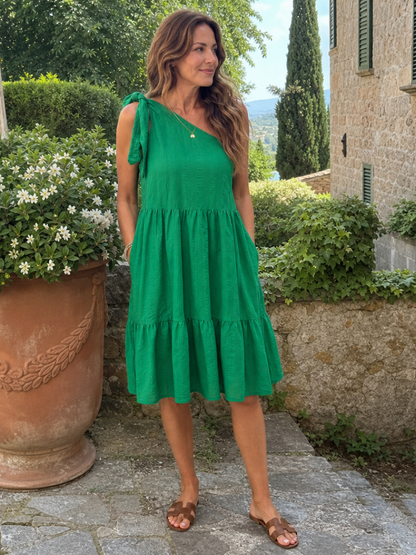 Liliane — Robe asymétrique à nouer et jupe étagée, coloris Vert