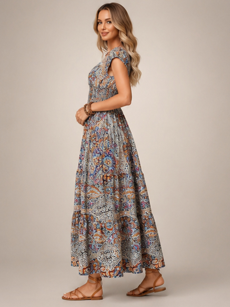 Ombeline — Robe longue bohème à imprimé cachemire