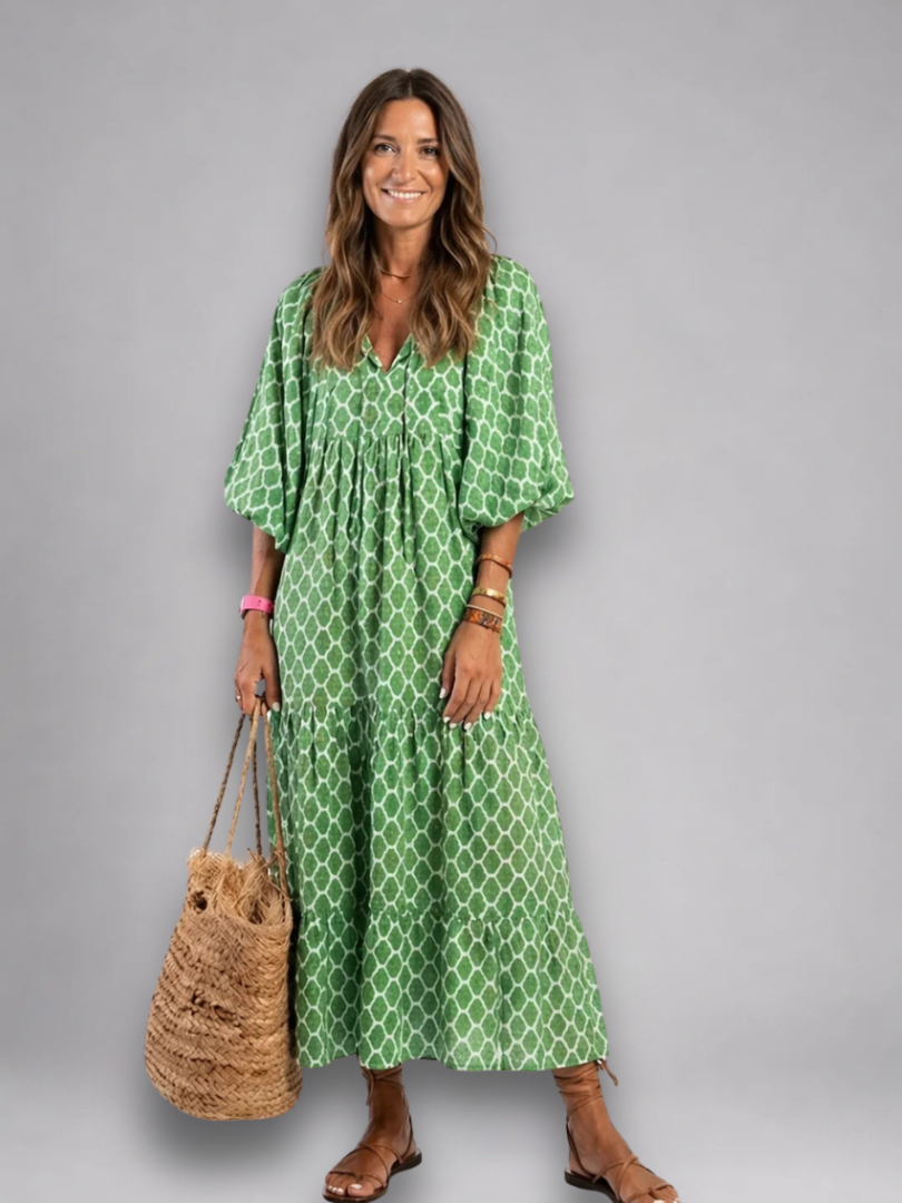 Amarante — Robe longue à volants et col V, coloris Vert