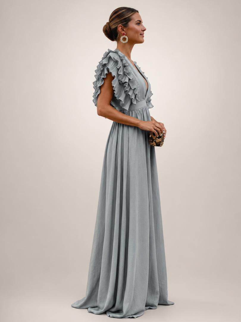 Géraldine — Robe longue dos nu à manches volantées