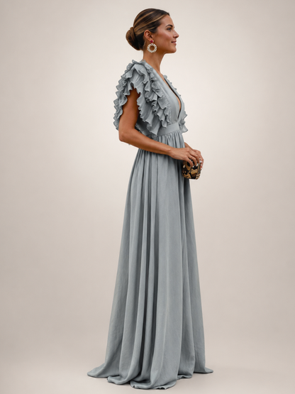 Géraldine — Robe longue dos nu à manches volantées