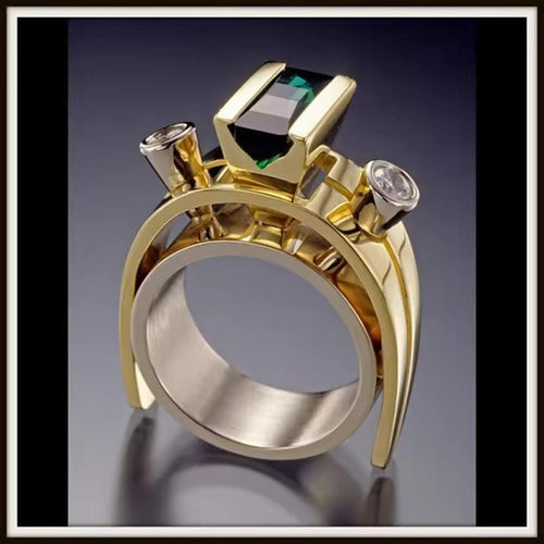 Tour Verte | Bague dorée avec pierre verte carrée – Vue 01