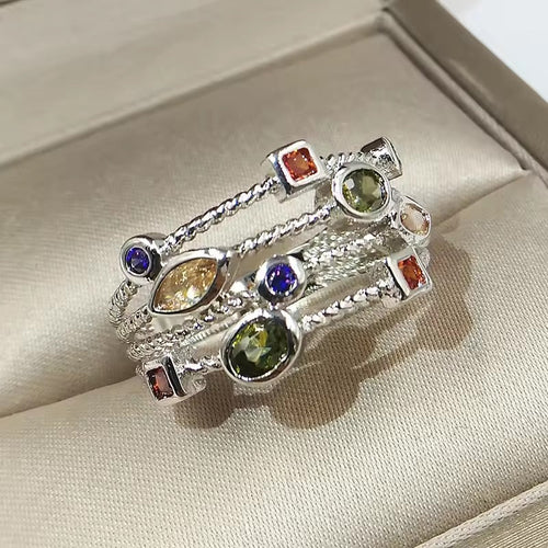 Empilement Coloré | Bague empilée argentée avec pierres colorées – Vue 01