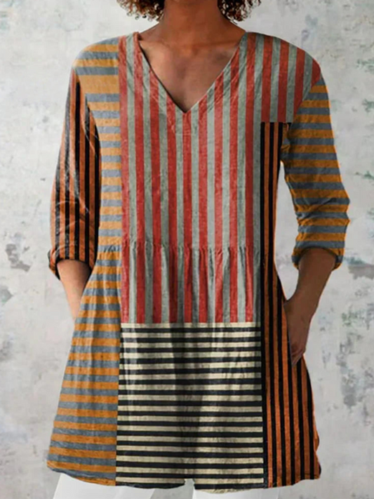 Colombine | Chemisier long col V patchwork à rayures terracotta
