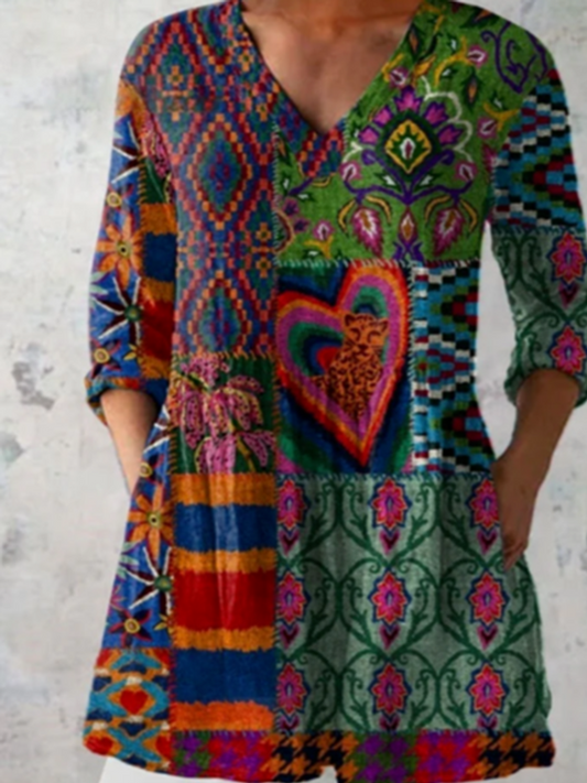 Delphie | Chemisier long col V patchwork ethnique coloré