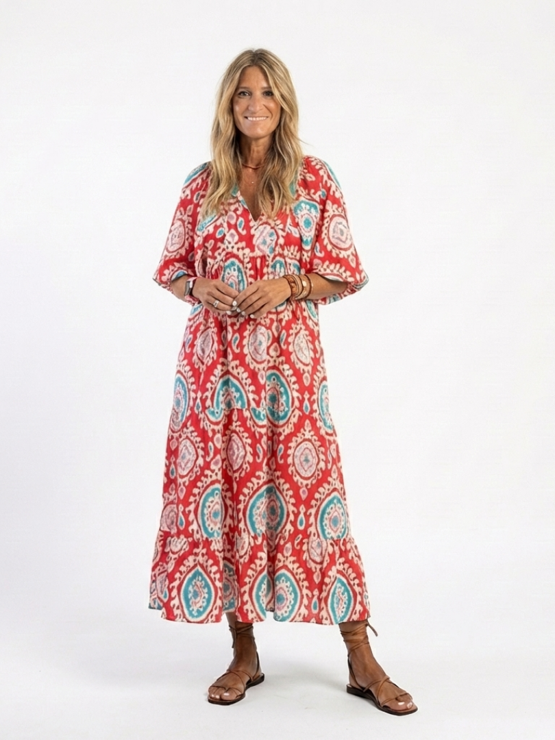 Diane — Robe longue paisley à manches ballon, coloris Rouge et turquoise