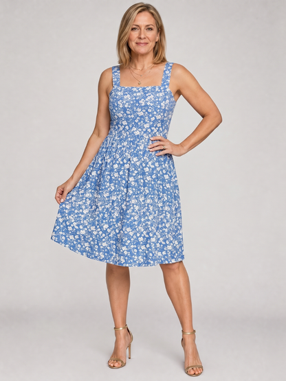 Hortense — Robe à encolure carrée et jupe froncée, coloris Bleu ciel fleuri