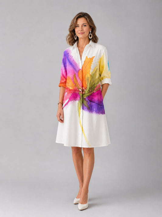 Suzanne — Robe chemise à imprimé aquarelle, coloris Blanc aquarelle