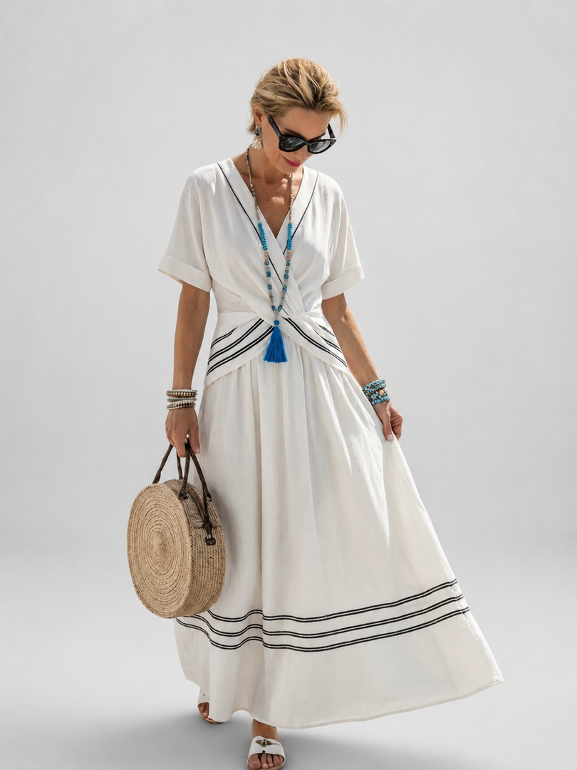 Tiphaine — Robe longue cache-cœur à manches courtes, coloris Blanc rayé
