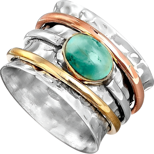 Regard d'Oasis | Bague tournante argentée et dorée avec pierre turquoise – Vue 01