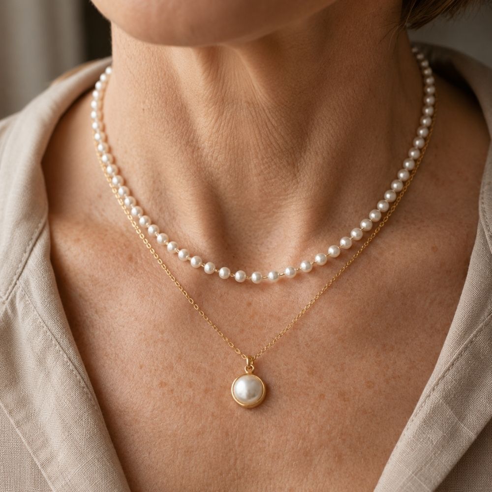 Félicité | Collier à double rang avec perles blanches brillantes – Vue 02