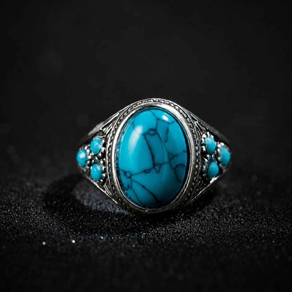 Regard Nomade | Bague argentée avec pierre bleu-vert – Vue 01