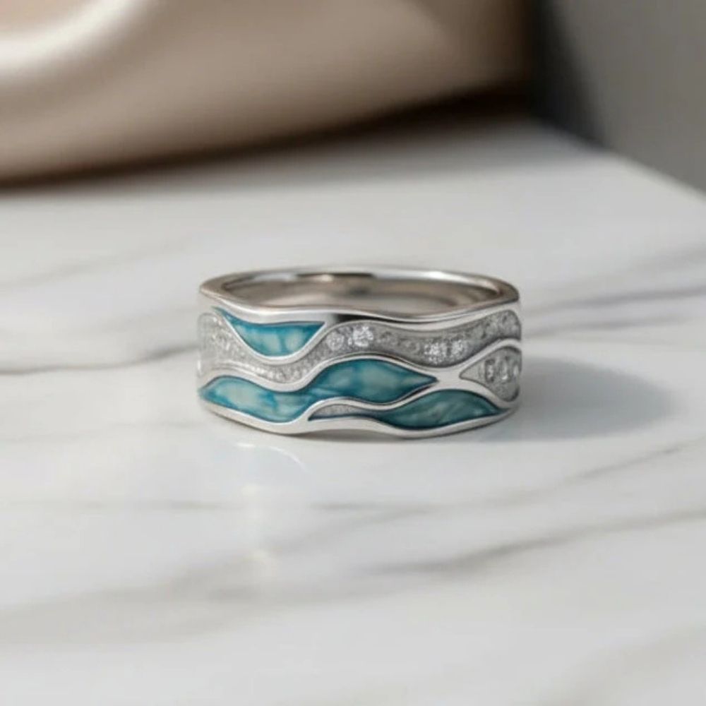 Écume Ondulée | Bague argentée à motif de vagues turquoise – Vue 02