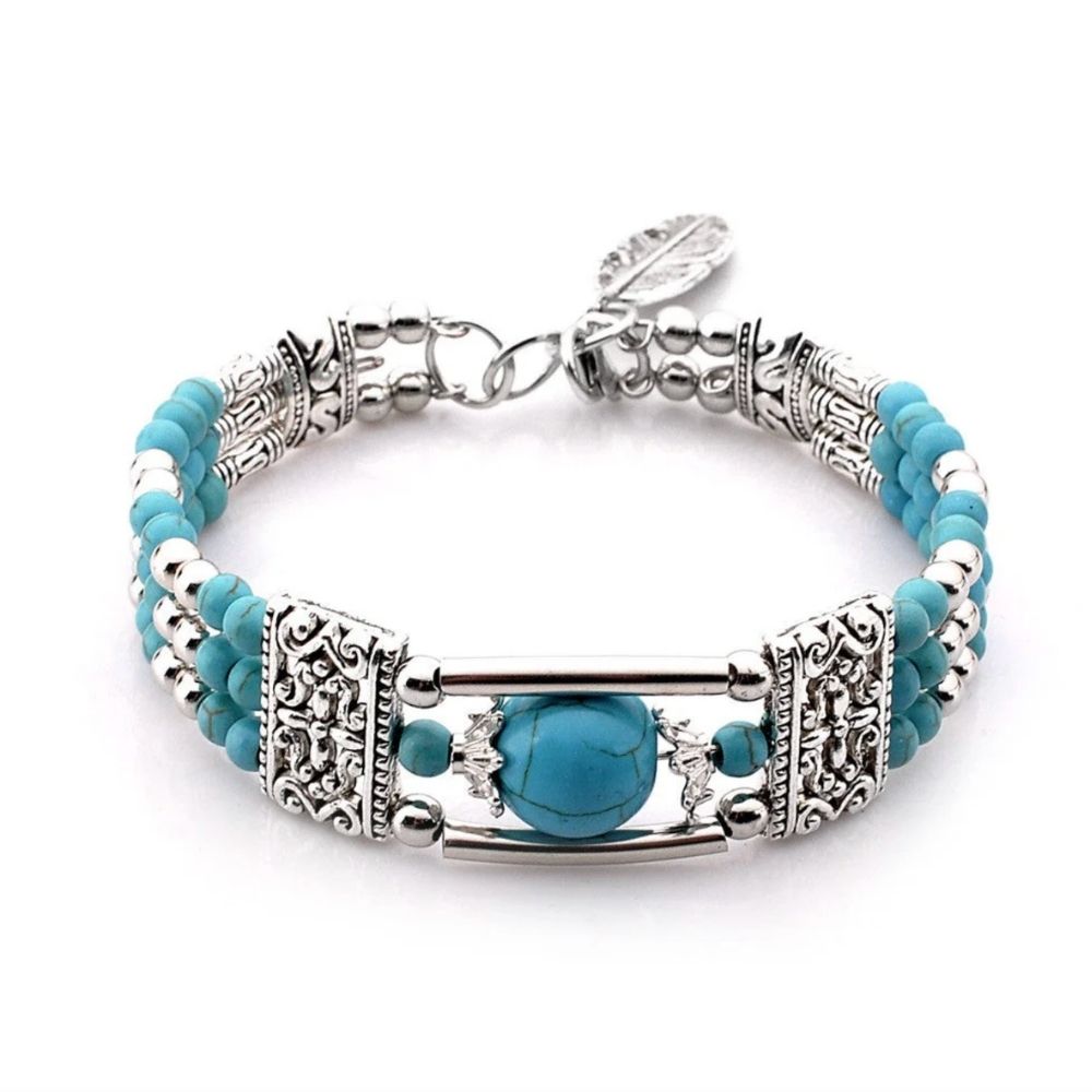 Reflet Marin | Bracelet argenté avec pierres turquoise – Vue 01