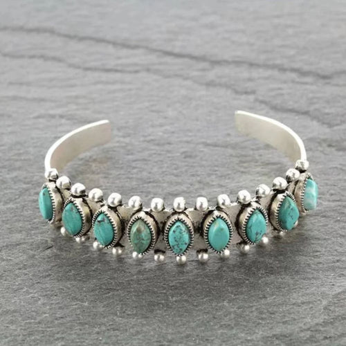 Fleur des Montagnes | Jonc argenté avec pierres turquoise – Vue 01