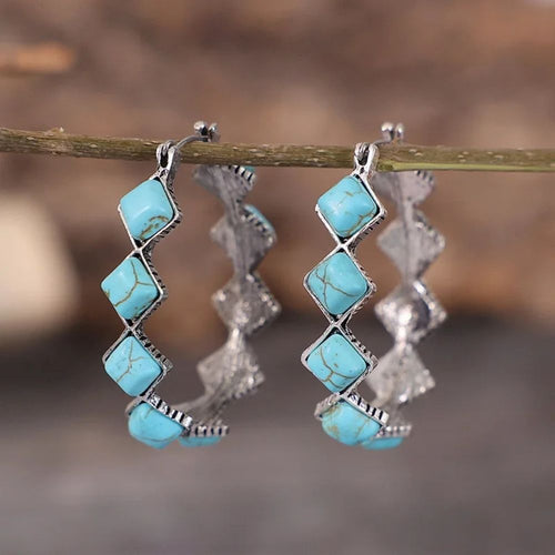 Arc en Carreaux | Créoles argentées avec pierres turquoise – Vue 01