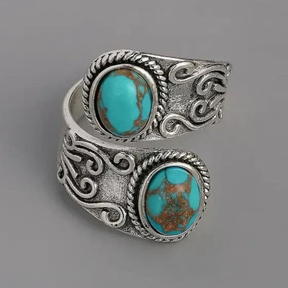 Miroir du Désert | Bague argentée avec deux pierres turquoise – Vue 01