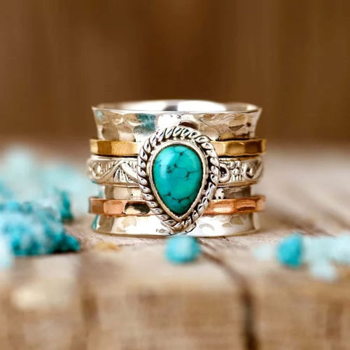 Empilement Ondulé | Bague dorée et argentée avec pierre turquoise – Vue 01