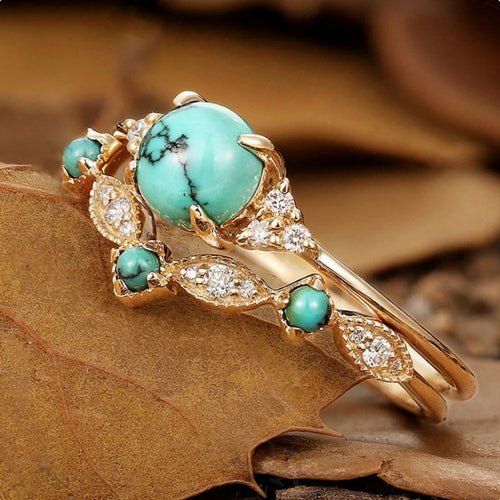 Couronne de Feuilles | Ensemble de bagues en or rose avec pierre turquoise – Vue 01