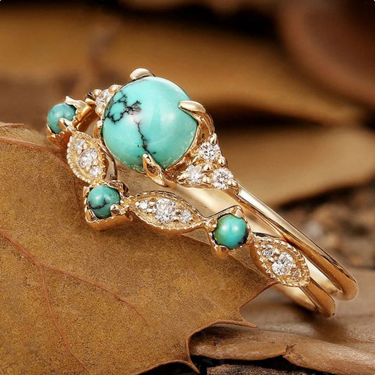 Couronne de Feuilles | Ensemble de bagues en or rose avec pierre turquoise – Vue 01