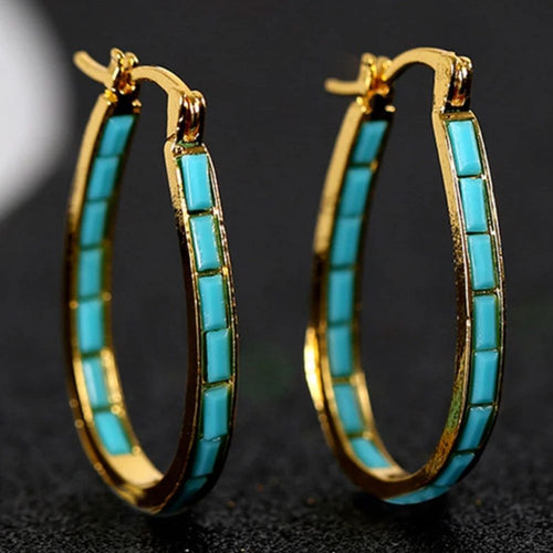 Créole Barre | Créoles dorées avec incrustations turquoise – Vue 01