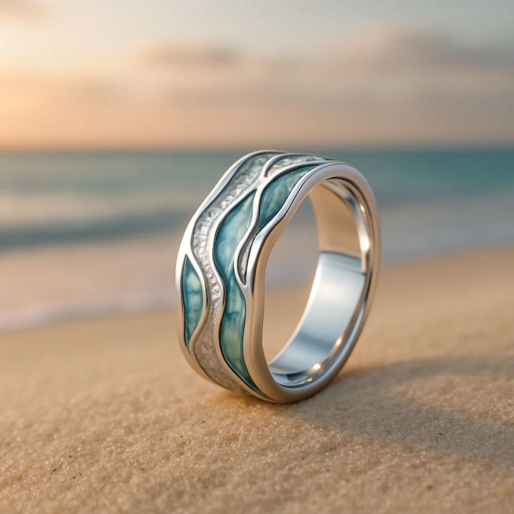 Écume Ondulée | Bague argentée à motif de vagues turquoise – Vue 01