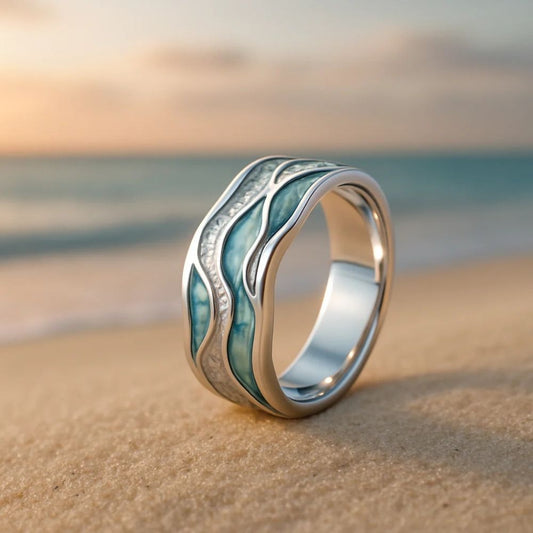 Écume Ondulée | Bague argentée à motif de vagues turquoise – Vue 01